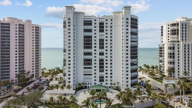 view of building exterior with a water view