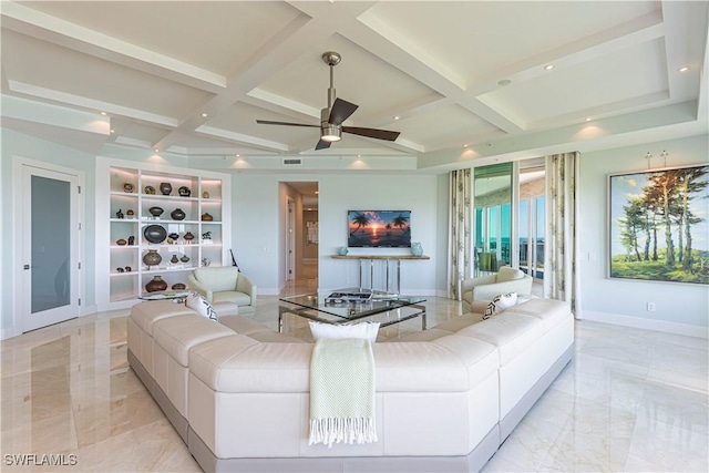 living room featuring ceiling fan, coffered ceiling, beam ceiling, and built in features