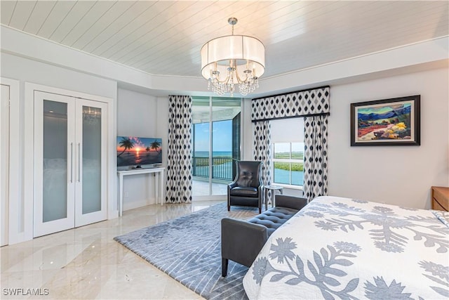 bedroom with wood ceiling, access to exterior, an inviting chandelier, and french doors