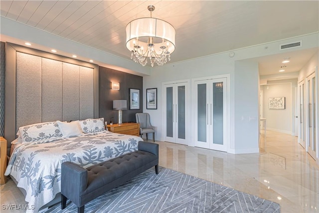 bedroom with wooden ceiling and a notable chandelier