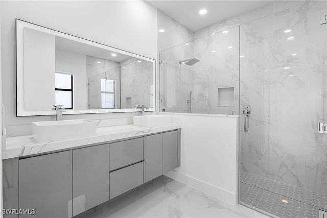 bathroom featuring vanity and walk in shower