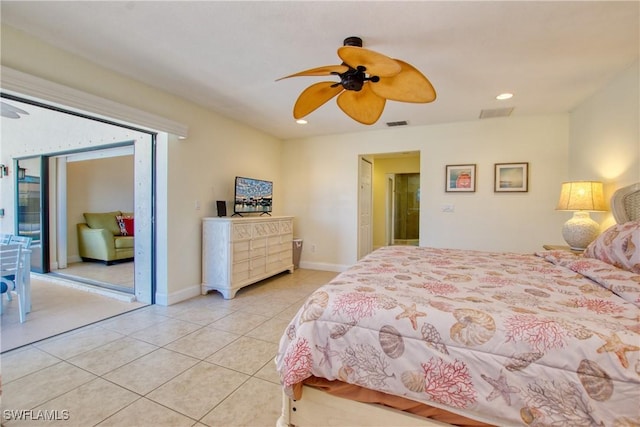 bedroom featuring light tile patterned floors, access to outside, and ceiling fan