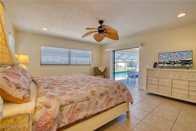 bedroom with ceiling fan, light tile patterned floors, and access to outside