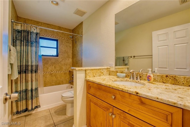 full bathroom with shower / bath combo, vanity, tile patterned floors, and toilet