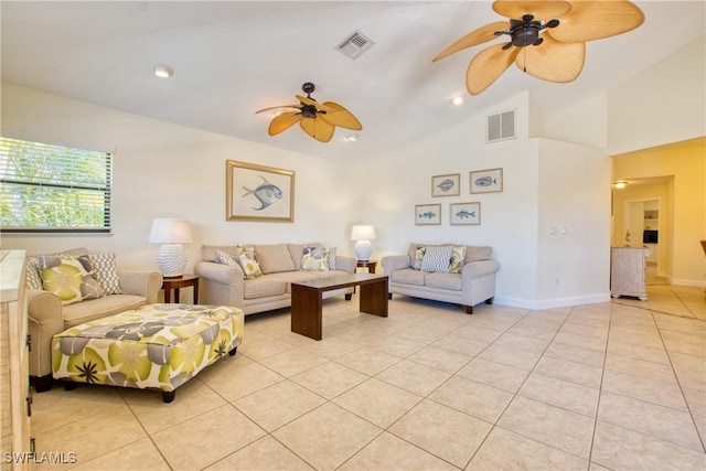 tiled living room featuring vaulted ceiling and ceiling fan