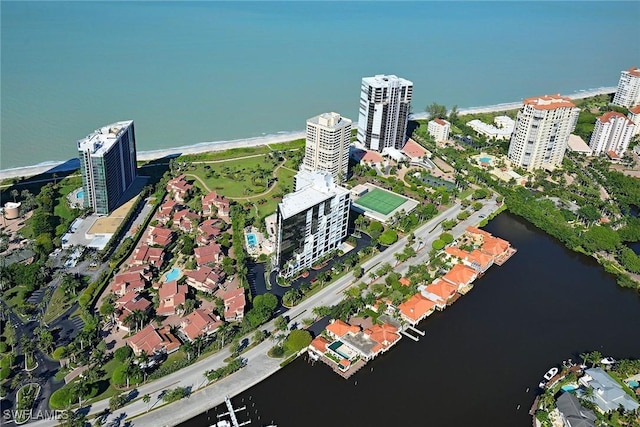 aerial view featuring a water view