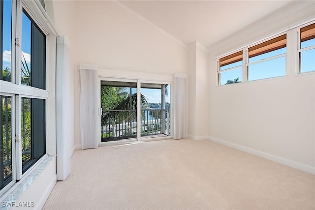 carpeted spare room with crown molding and high vaulted ceiling