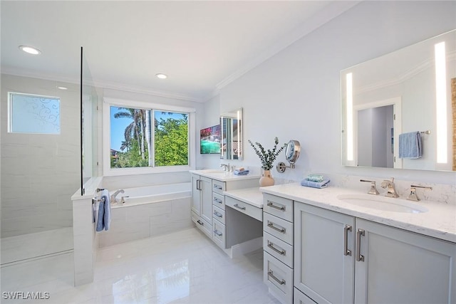 bathroom featuring crown molding, vanity, and plus walk in shower