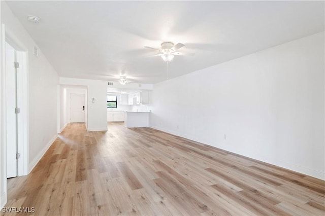 unfurnished living room featuring light hardwood / wood-style floors and ceiling fan