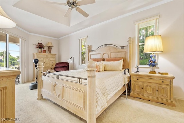 carpeted bedroom with a tray ceiling, multiple windows, ceiling fan, and crown molding