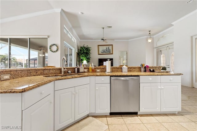 kitchen featuring ceiling fan, sink, french doors, stainless steel dishwasher, and white cabinets