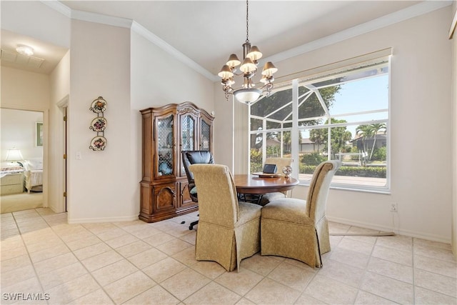 tiled dining space with a notable chandelier and crown molding