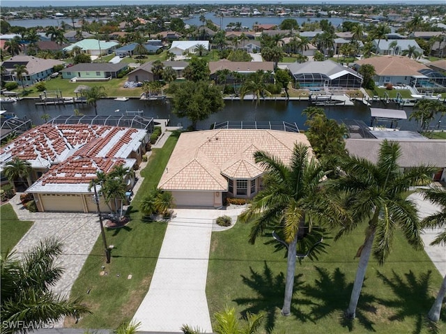 bird's eye view with a water view