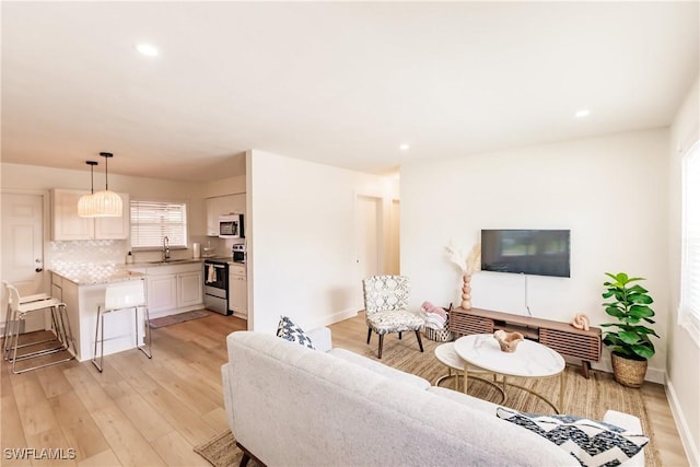 living room featuring sink and light hardwood / wood-style flooring