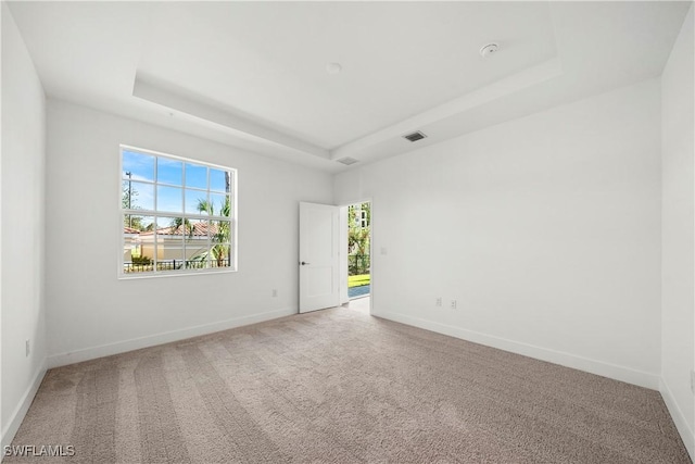 carpeted empty room with a tray ceiling