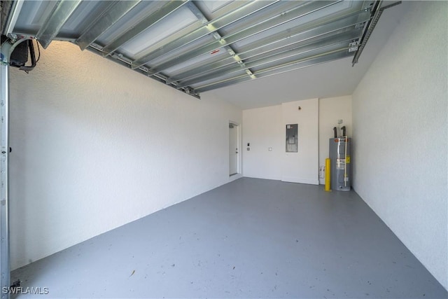 garage with electric panel and water heater