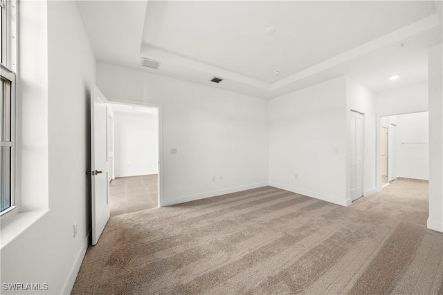 spare room featuring a raised ceiling and light colored carpet