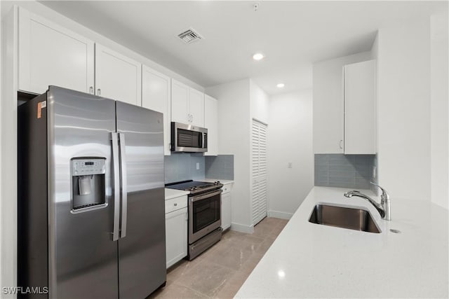 kitchen featuring light stone countertops, backsplash, stainless steel appliances, sink, and white cabinetry