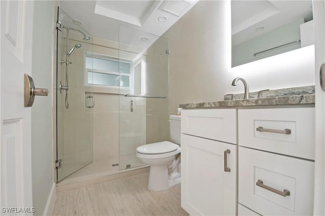 bathroom featuring vanity, toilet, and a shower with shower door