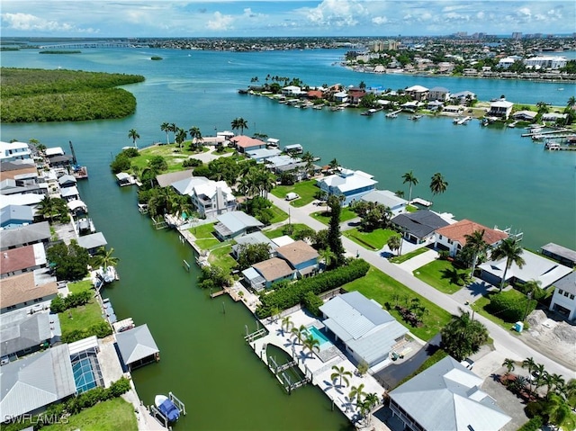 aerial view featuring a water view