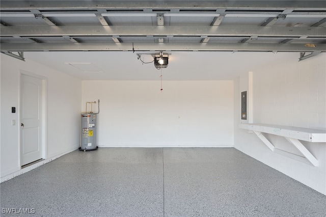 garage featuring a garage door opener, electric panel, and electric water heater