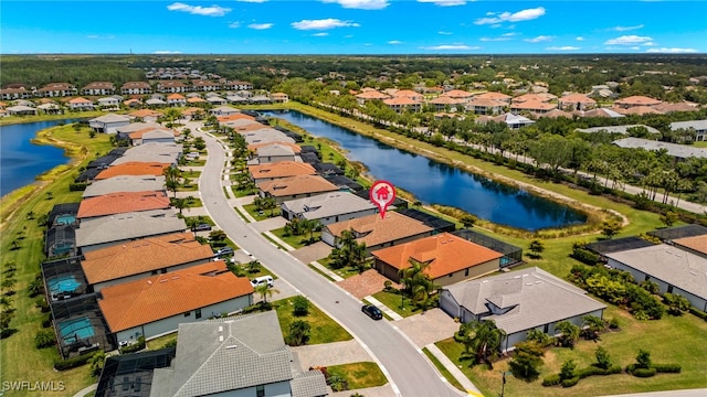 drone / aerial view featuring a water view