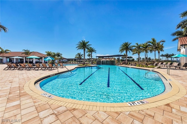 view of swimming pool featuring a patio area