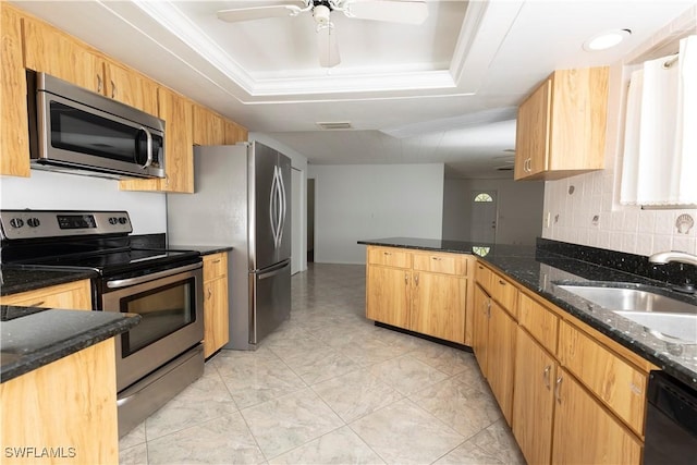 kitchen with a raised ceiling, appliances with stainless steel finishes, sink, and dark stone counters