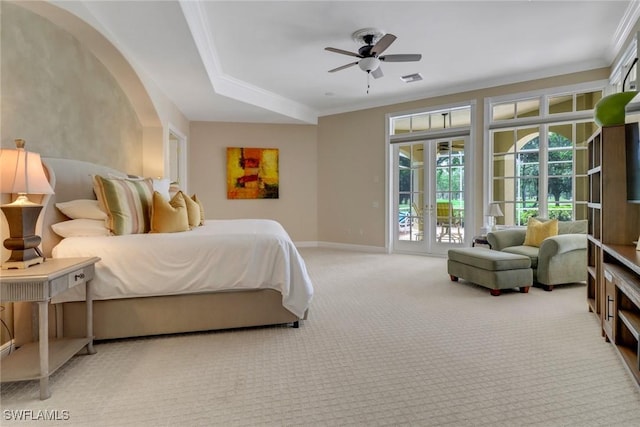 bedroom with carpet, access to outside, french doors, crown molding, and ceiling fan