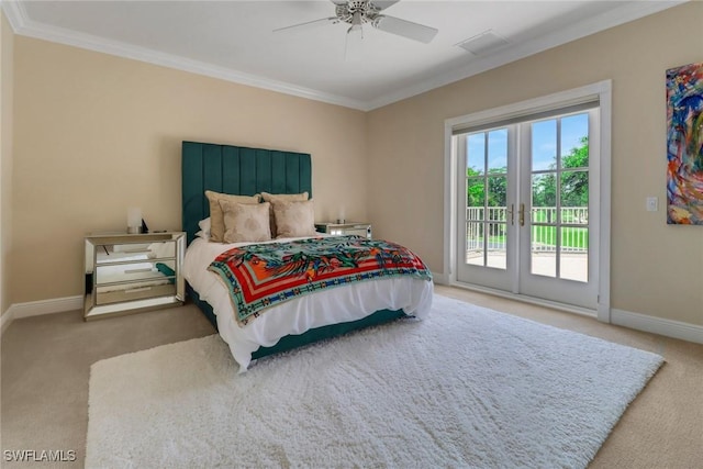 bedroom with carpet flooring, access to outside, ceiling fan, and crown molding