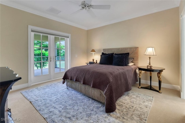 bedroom with access to exterior, ceiling fan, light colored carpet, and ornamental molding