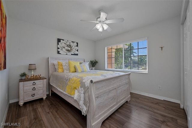 bedroom with dark hardwood / wood-style flooring, ceiling fan, and a closet