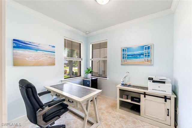 office area with light tile patterned floors and crown molding