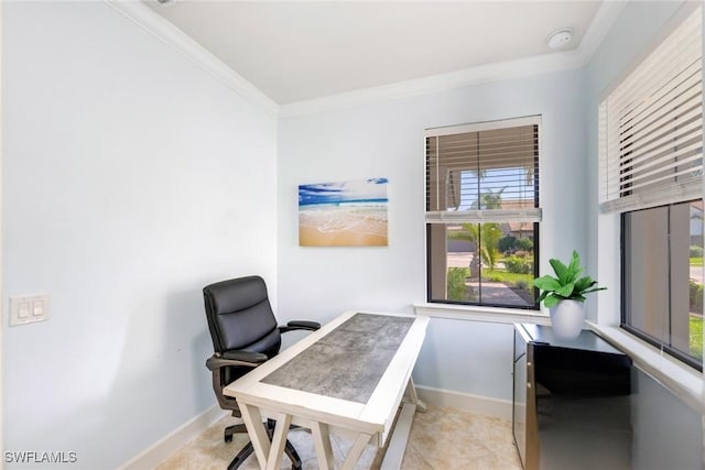 office space featuring light tile patterned flooring and crown molding