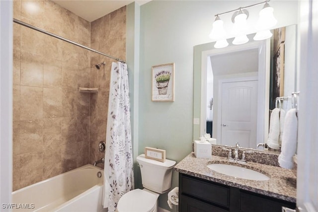 full bathroom featuring toilet, shower / bathtub combination with curtain, and vanity