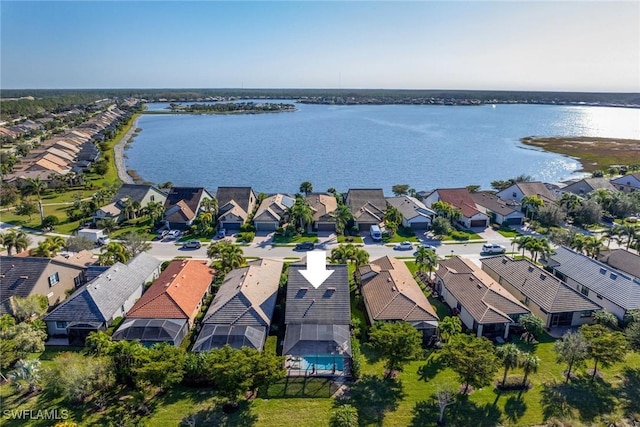 bird's eye view with a water view