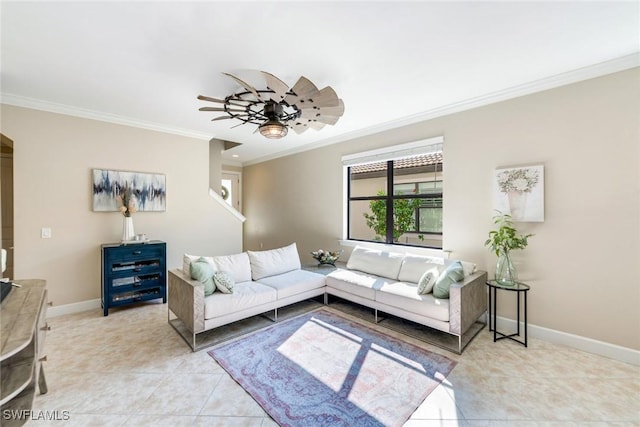 living room featuring ornamental molding, ceiling fan, and light tile patterned flooring