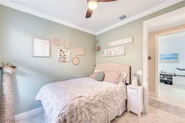 tiled bedroom featuring ceiling fan and crown molding