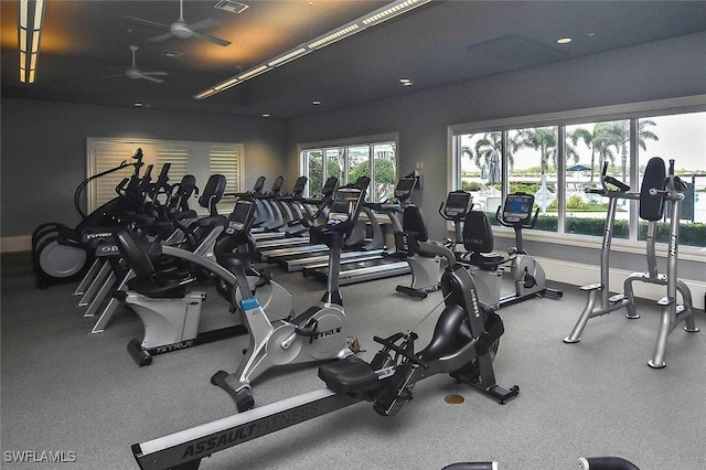 exercise room featuring ceiling fan and a healthy amount of sunlight