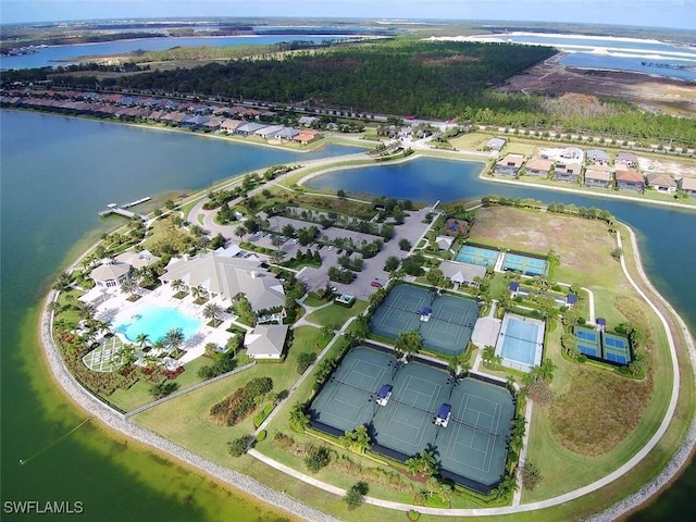 aerial view featuring a water view