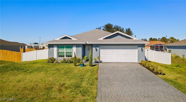 ranch-style house with a garage and a front yard