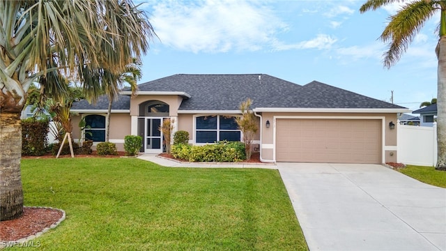 single story home with a front yard and a garage