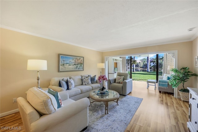 living room featuring light hardwood / wood-style flooring and ornamental molding