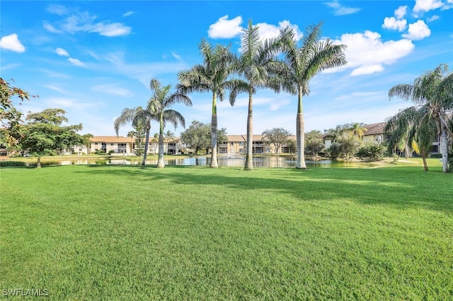 view of home's community with a lawn and a water view