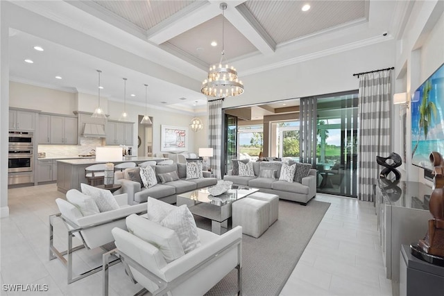 living room with crown molding, beamed ceiling, coffered ceiling, and an inviting chandelier