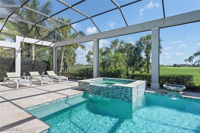 view of pool featuring a lanai, an in ground hot tub, pool water feature, and a patio