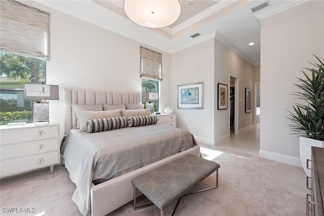 carpeted bedroom with crown molding