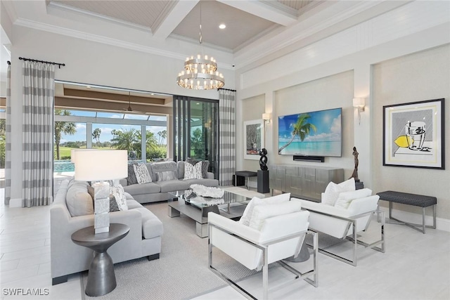 living room with coffered ceiling, crown molding, an inviting chandelier, beamed ceiling, and a high ceiling