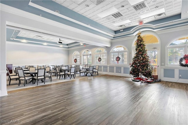 interior space featuring hardwood / wood-style flooring, ceiling fan, a raised ceiling, and ornamental molding