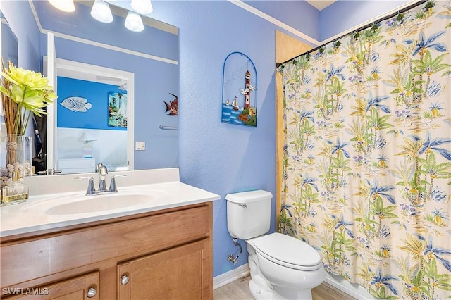 bathroom featuring a shower with shower curtain, wood-type flooring, vanity, and toilet